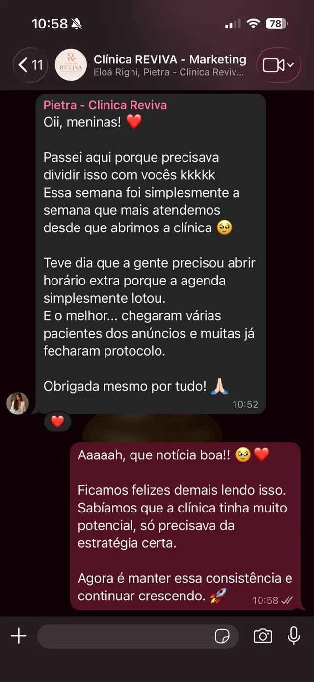 Print de WhatsApp — Pietra, da Clínica Reviva: semana com mais atendimentos desde a abertura, com horário extra e protocolos fechados pelos anúncios