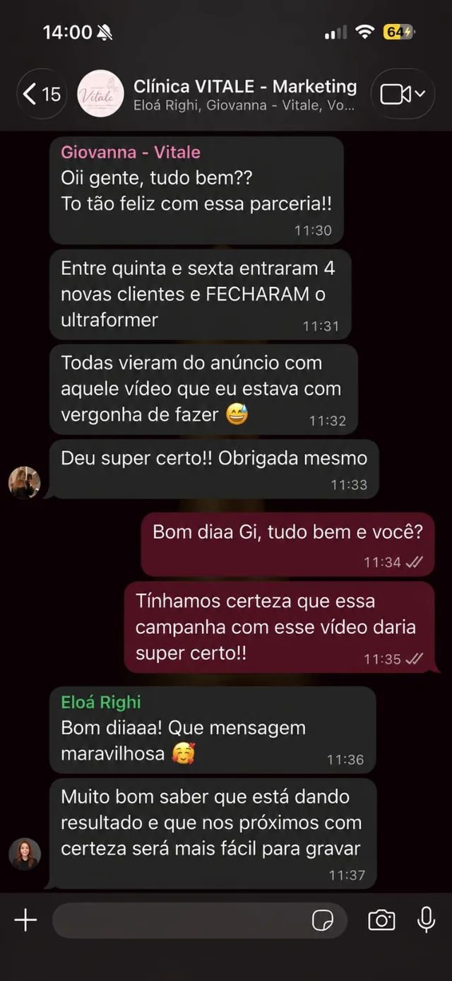 Print de WhatsApp — Giovanna, da Clínica Vitale: 4 novas clientes fecharam o Ultraformer em dois dias, todas vindas do anúncio em vídeo