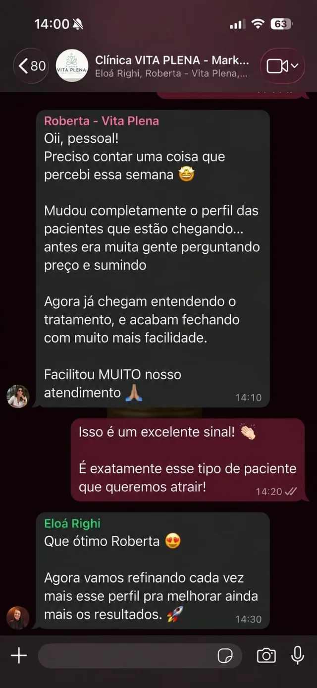 Print de WhatsApp — Roberta, da Clínica Vita Plena: pacientes chegando já entendendo o tratamento e fechando com mais facilidade